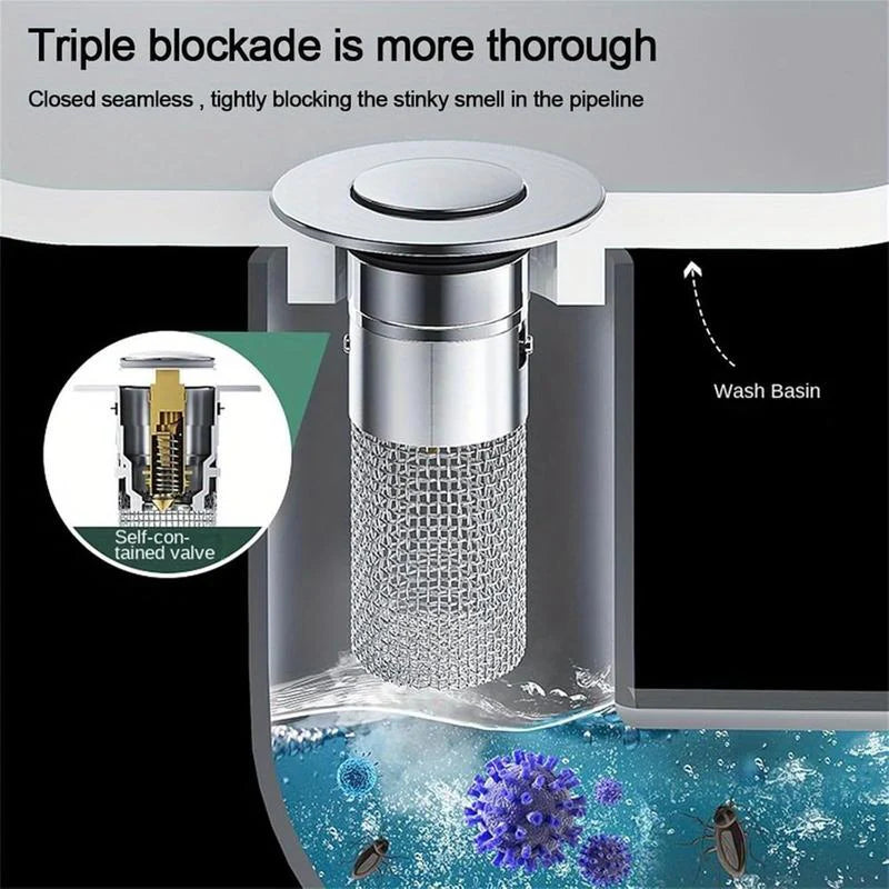 2-Pack Pop-Up Bathroom Sink Stopper with Hair Catcher – Stainless Steel Drain Strainer with Basket Filter