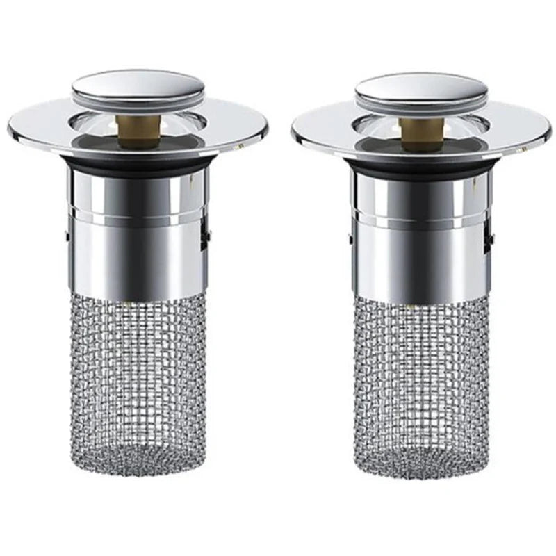 2-Pack Pop-Up Bathroom Sink Stopper with Hair Catcher – Stainless Steel Drain Strainer with Basket Filter