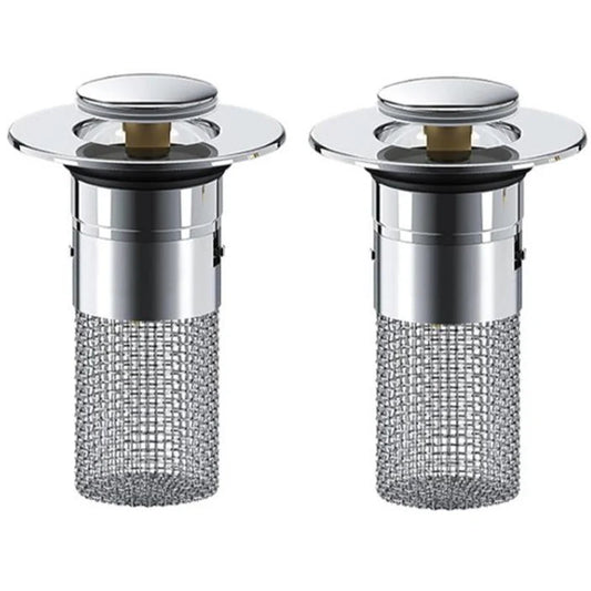 2-Pack Pop-Up Bathroom Sink Stopper with Hair Catcher – Stainless Steel Drain Strainer with Basket Filter