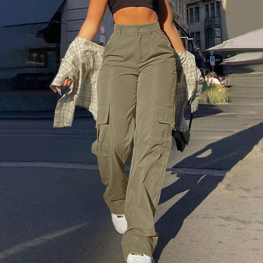 Women's High-Waisted Streetwear Cargo Pants – Multi-Pocket, Straight-Leg, Slimming Fit