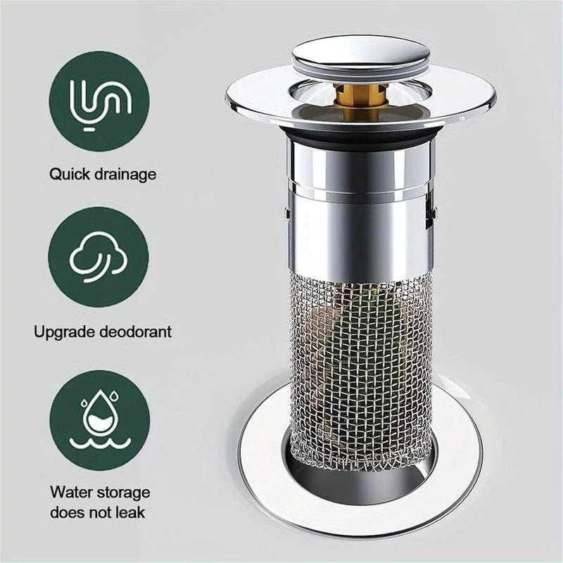 2-Pack Pop-Up Bathroom Sink Stopper with Hair Catcher – Stainless Steel Drain Strainer with Basket Filter