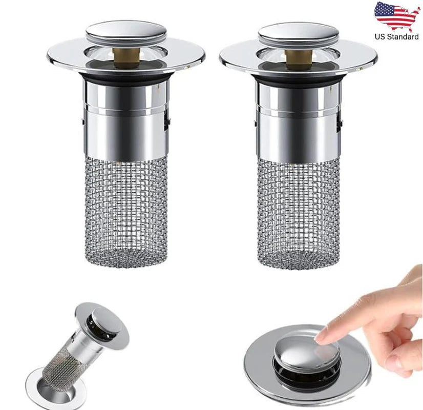 2-Pack Pop-Up Bathroom Sink Stopper with Hair Catcher – Stainless Steel Drain Strainer with Basket Filter